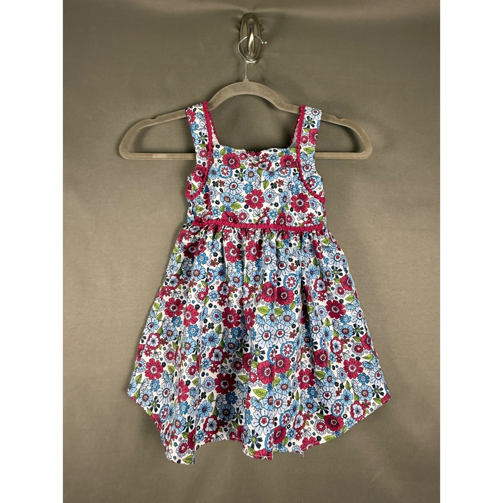 Good Lad Floral Dress Toddler 4T Pink Blue White Pom Pom Trim Sundress